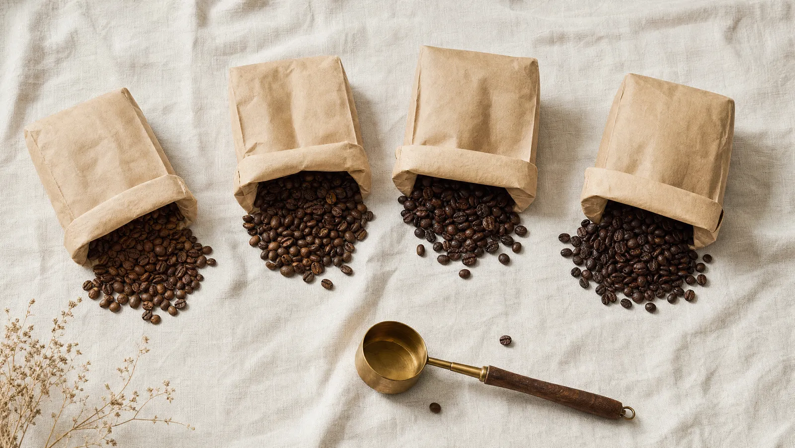 Four unmarked kraft coffee bags spilling whole roasted beans across pale linen beside a brass scoop