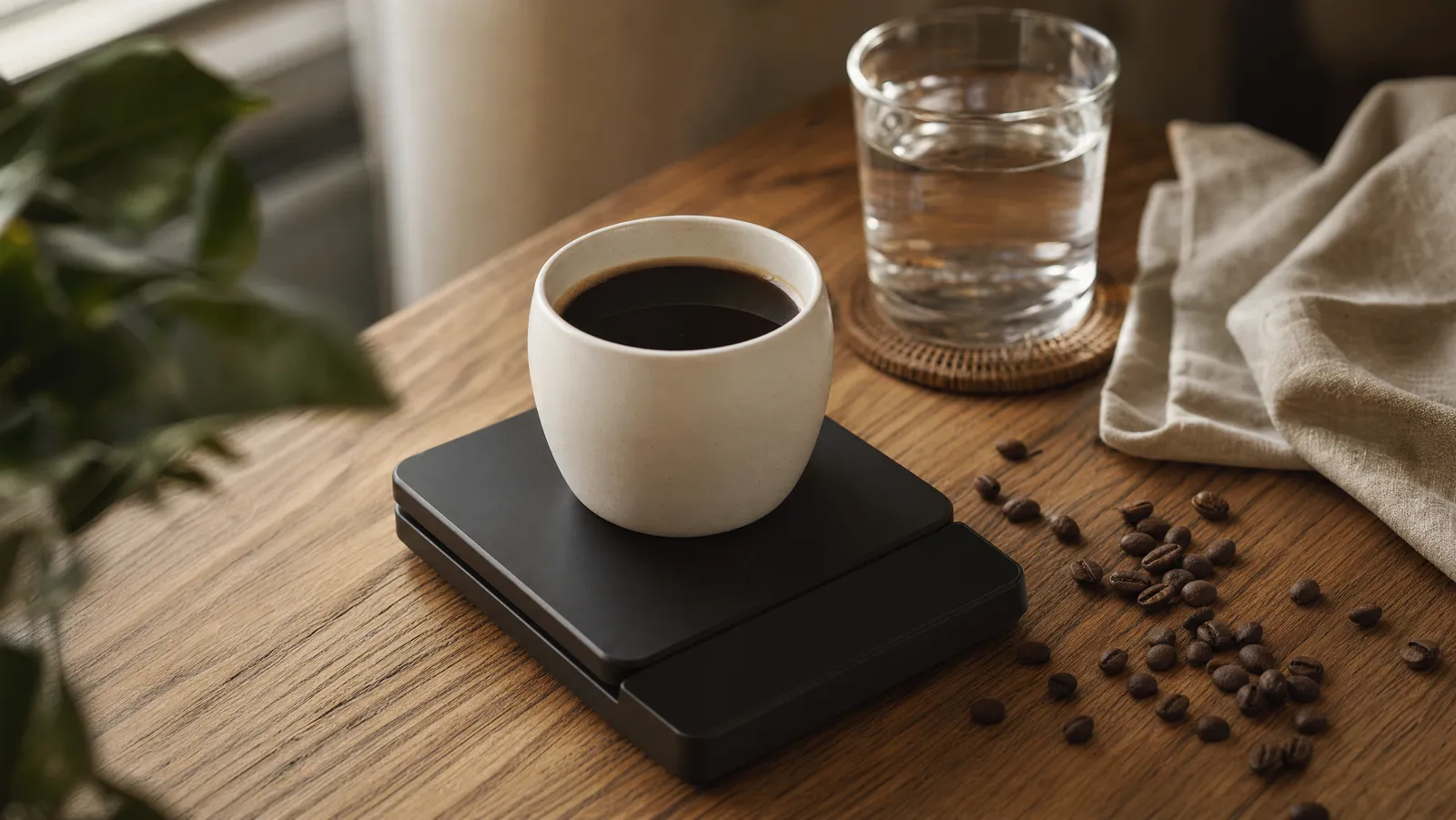 A white ceramic cup of black coffee resting on a precision kitchen scale with scattered coffee beans and a glass of water