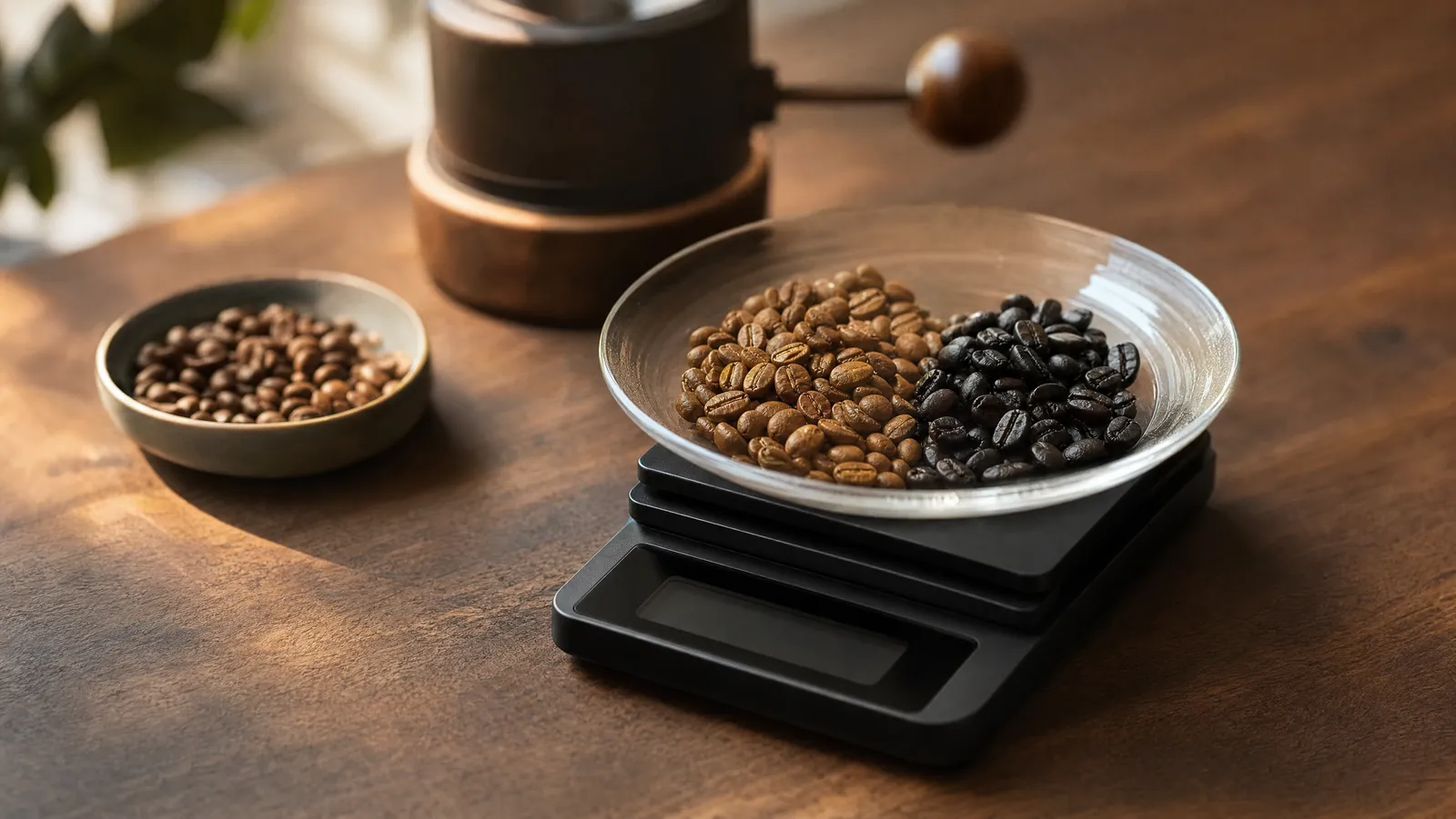 A glass bowl on a digital kitchen scale holding two side-by-side piles of light and dark whole coffee beans ready to be blended