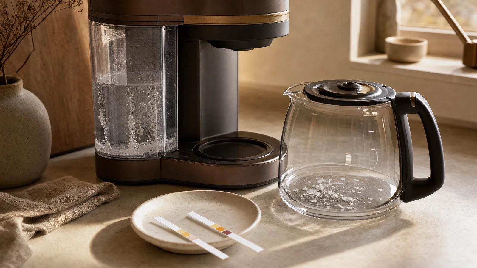 A drip coffee maker with mineral scale in its water reservoir next to water hardness test strips