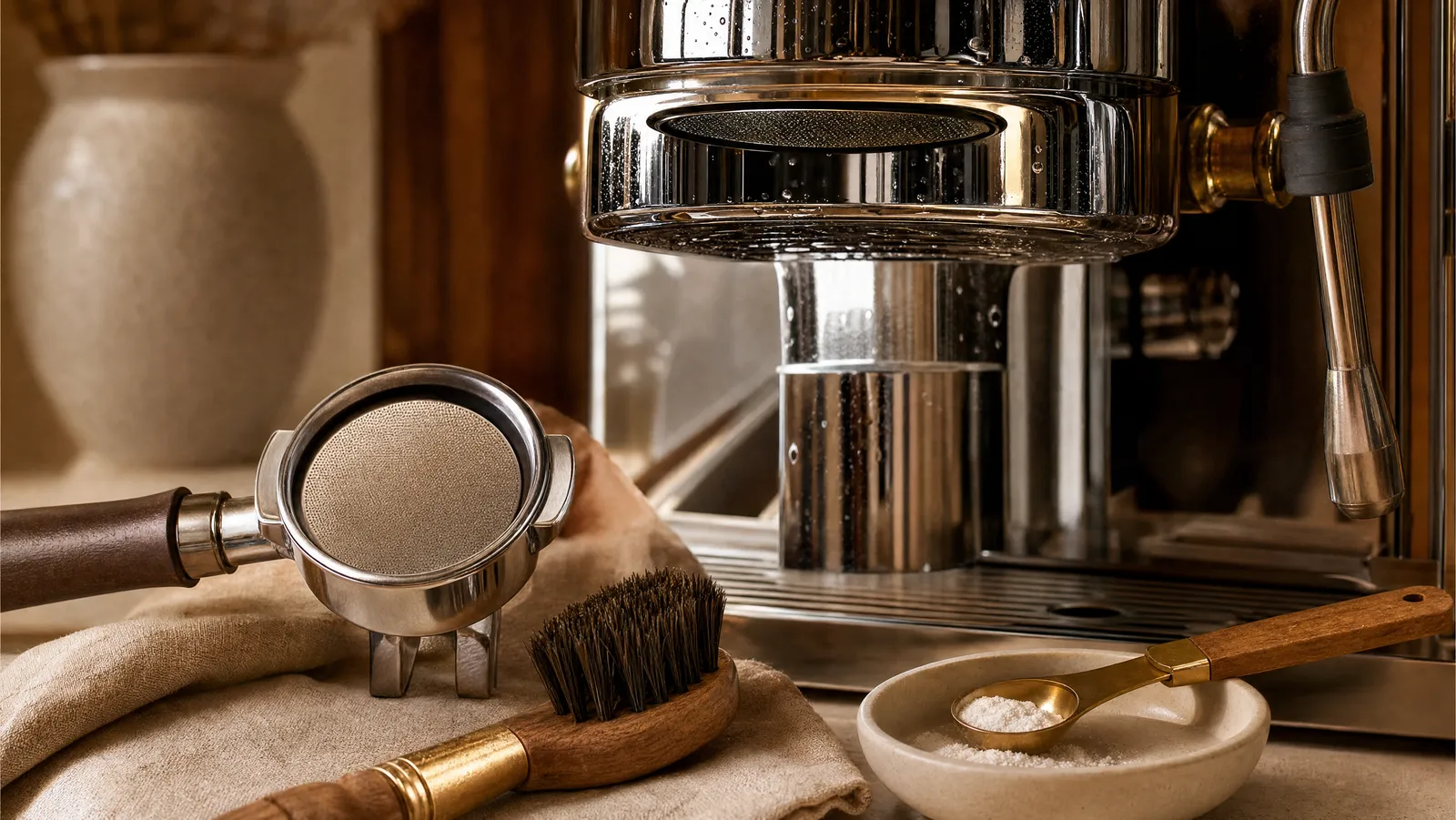 An espresso machine group head with a blind backflush basket, group brush, and measured detergent powder