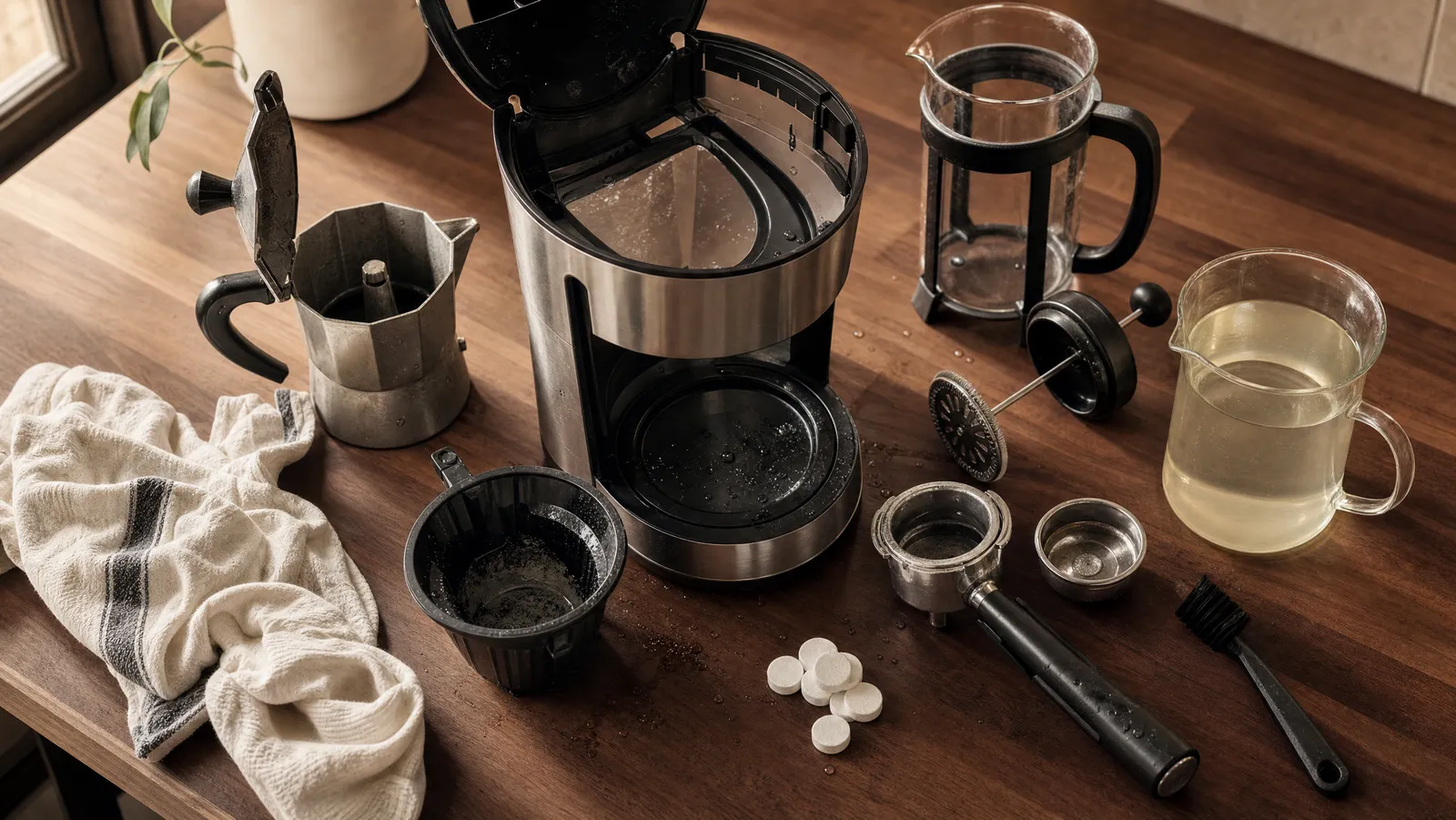 Disassembled coffee gear laid out for cleaning — drip brewer reservoir, moka pot, French press, and portafilter with brush and cleaning solution