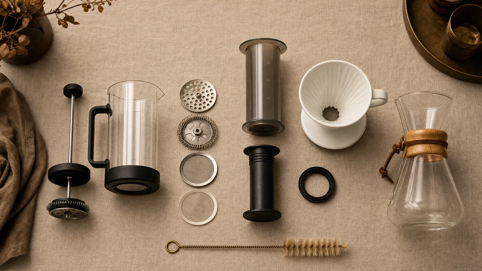 A disassembled French press filter stack, AeroPress plunger and seal, V60 cone, and Chemex laid out for cleaning