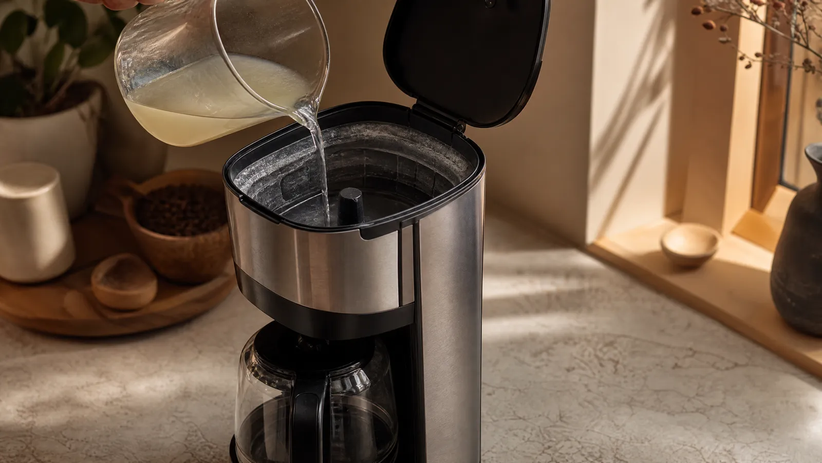 Descaling solution being poured into the open reservoir of a stainless drip coffee maker showing limescale buildup