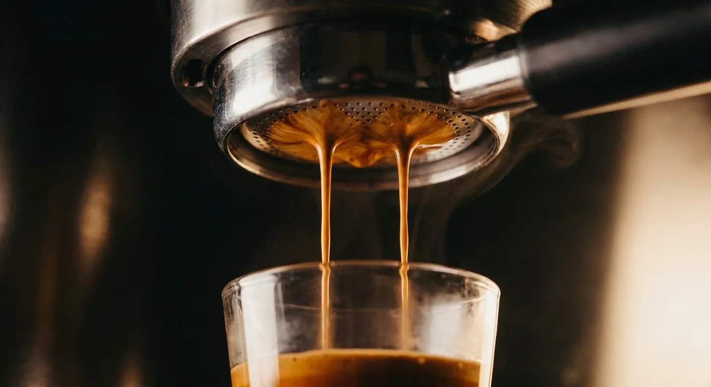Espresso shot pulling into a glass cup with crema forming on top