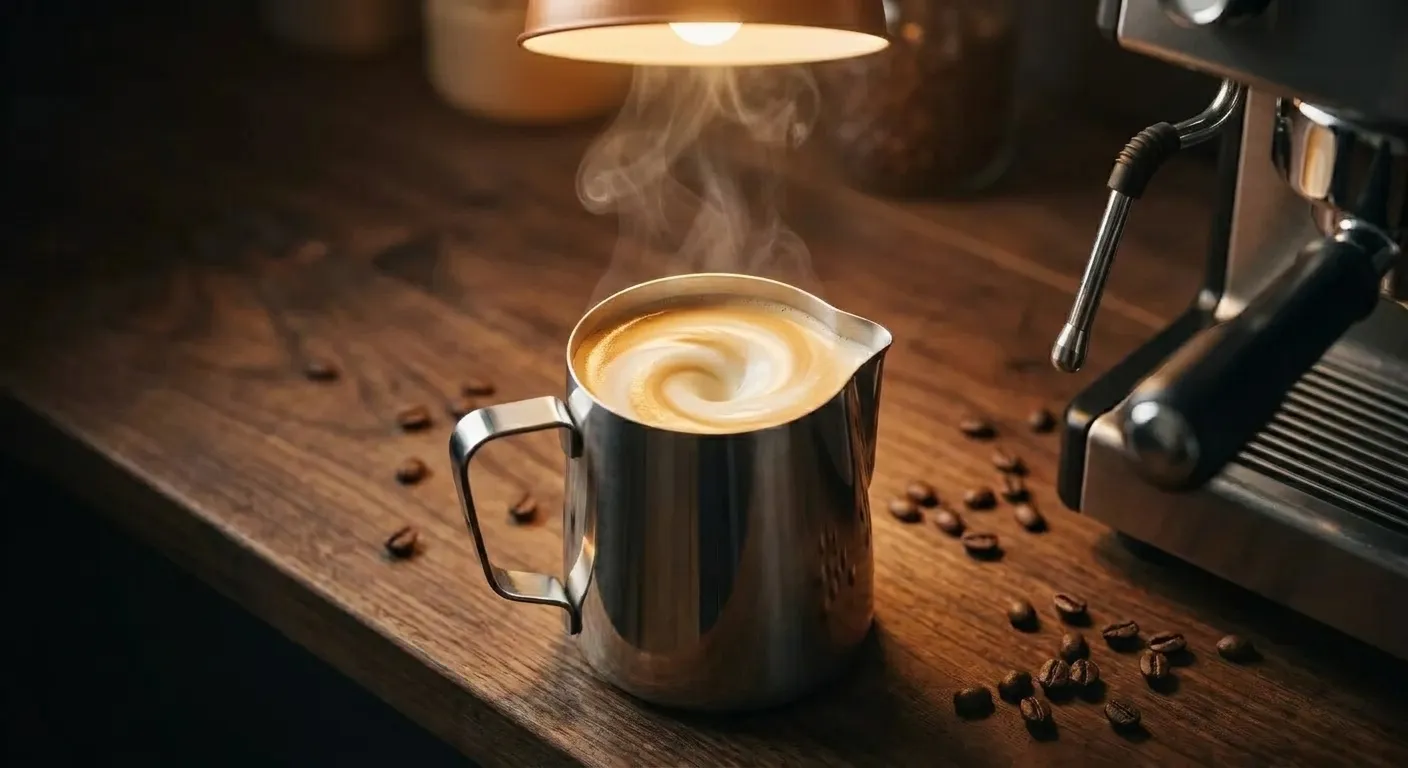 Steamed milk being poured into espresso to form a heart-shaped latte art
