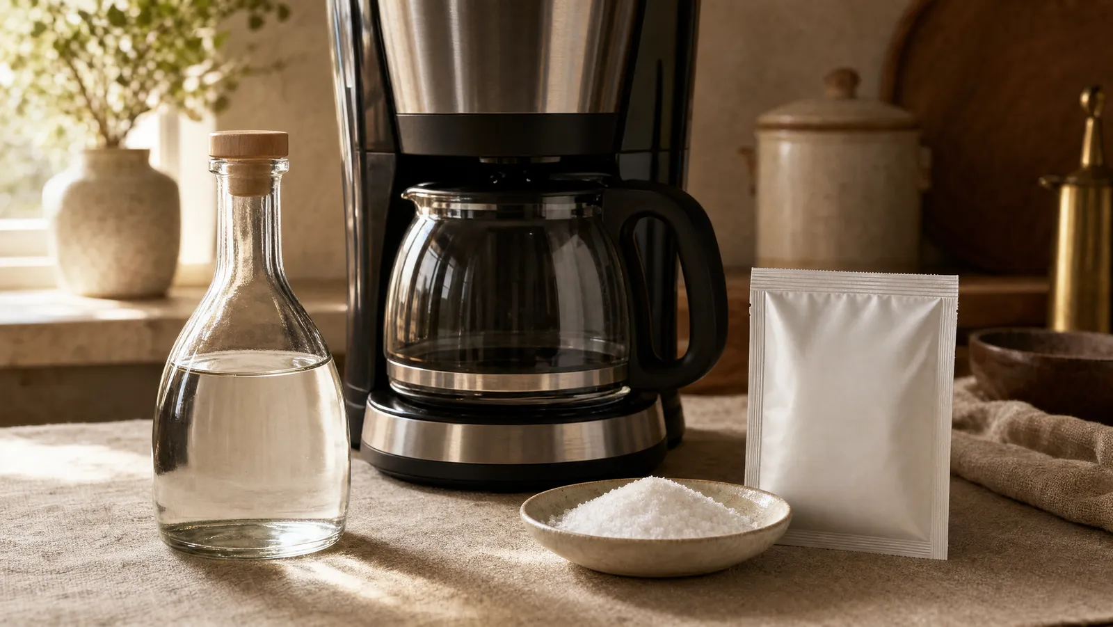 A bottle of white vinegar beside a sachet of descaling powder and a drip coffee maker on a kitchen counter